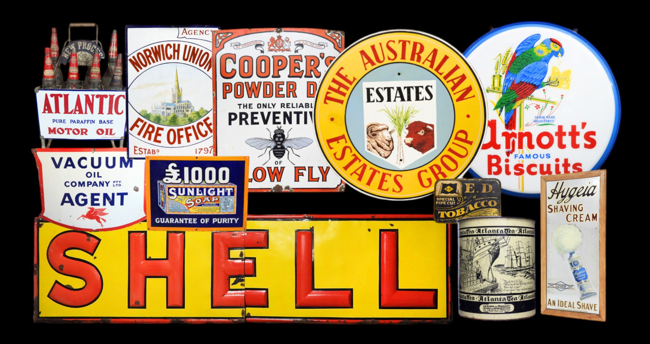 Antique Advertising, Val Hawke Collection of Old Shop Advertising, Enamel Signs, Garagenalia, Mirrors, Show Cards, Soft Drink Signs, and Tea & Tobacco Tins