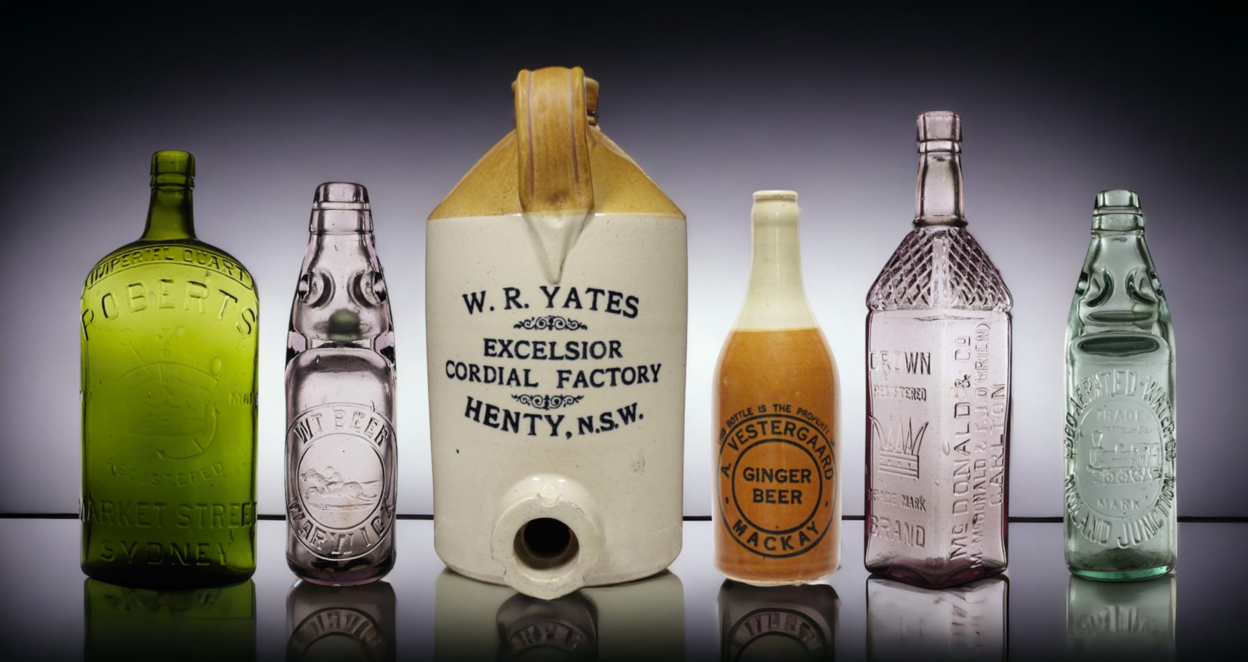 Lyn & Don Milton Collection, Col Wise’s Demijohn collection, antique bottles, demijohns, crown seals, ginger beers, Codds, soda syphons, Lamonts, cordials, blob top sodas, hotel bottles, convicts, blue glass, black glass, Bellarmines, and fruit jars