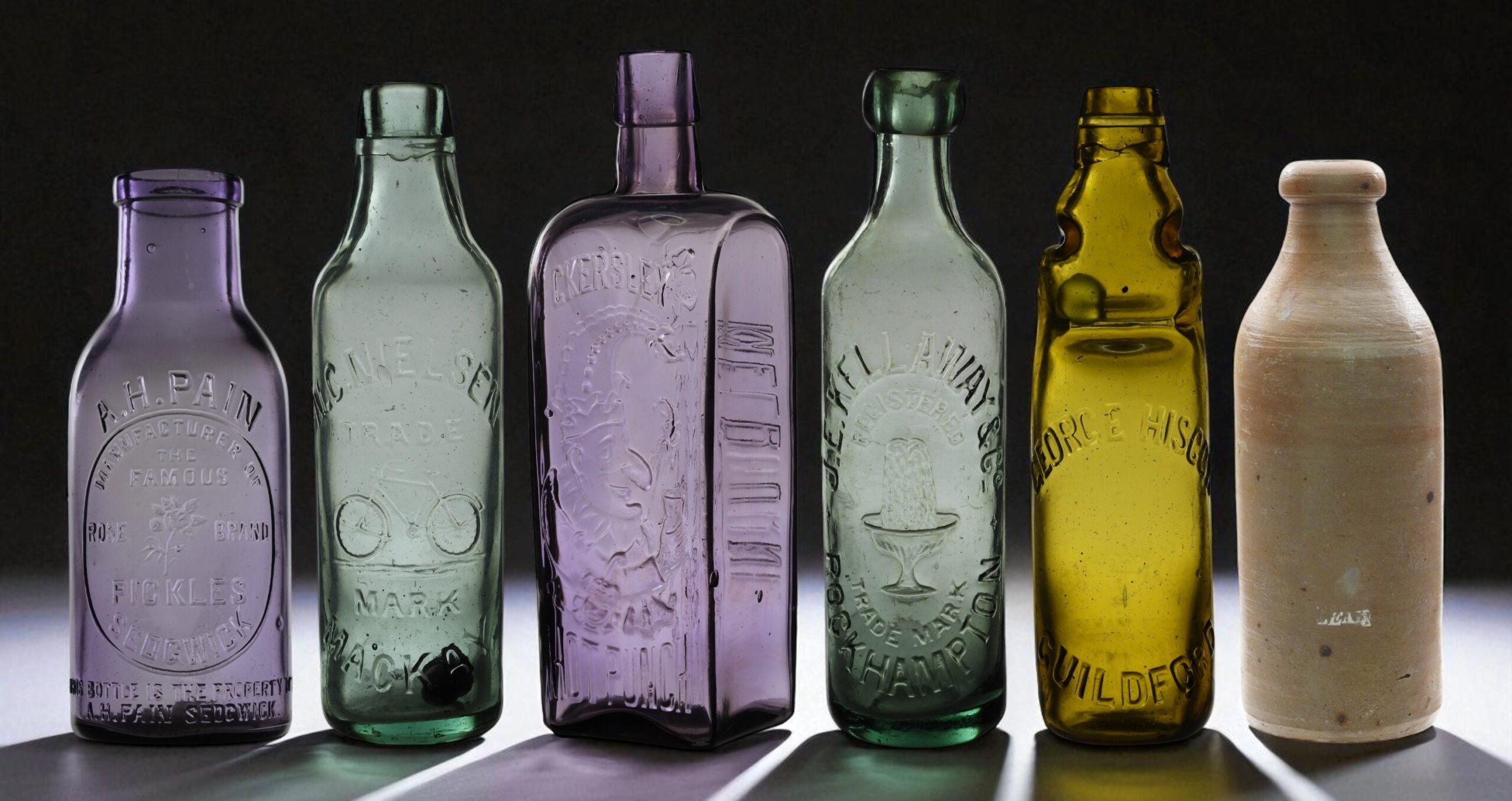 a.h. pain sedgwick pickles, n.c. nielsen mackay codd, eckersley hot punch, j. e. kellaway & co rockhampton blob top, amber george hiscox codd guildford, leak convict ginger beer