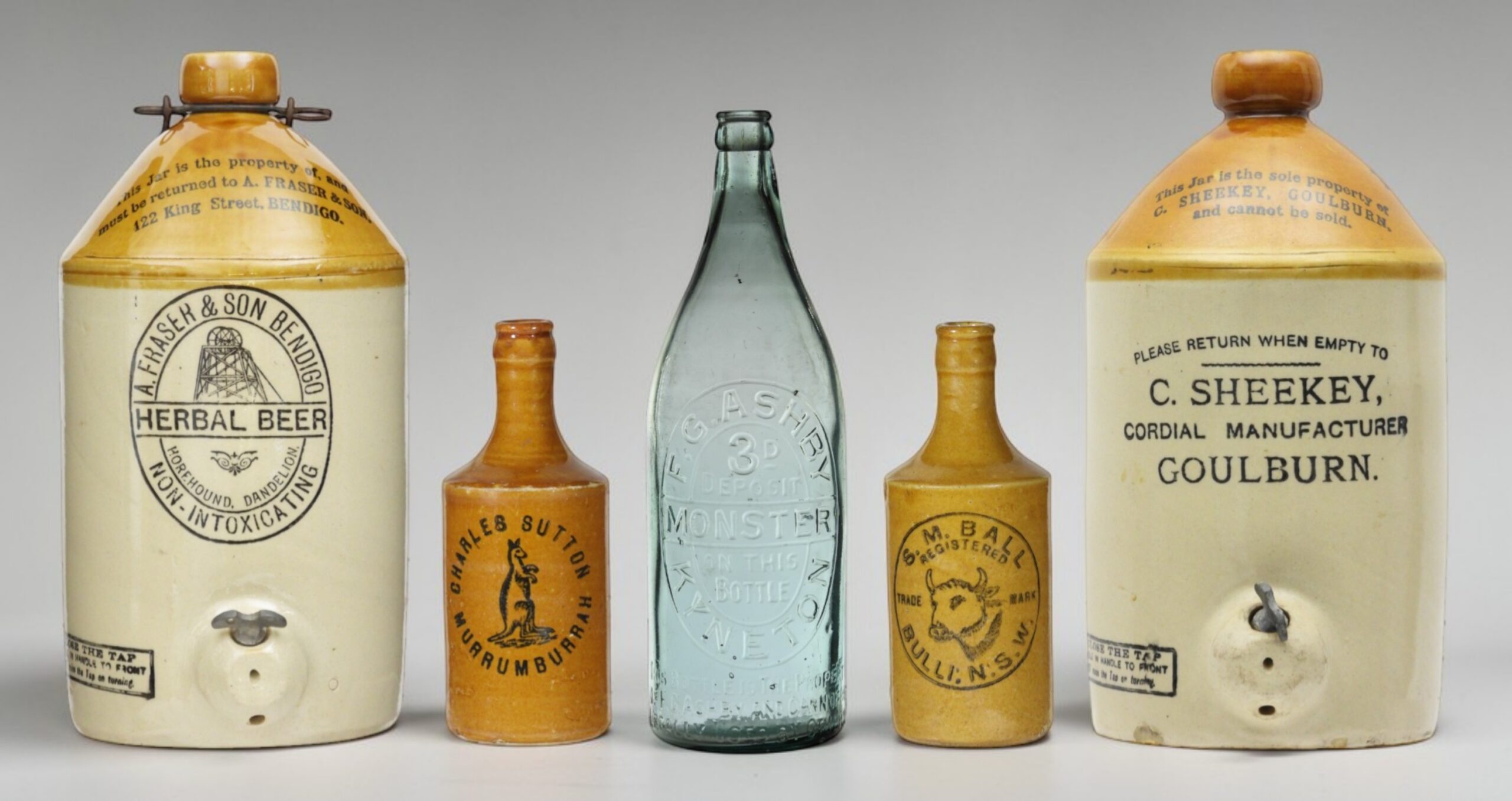 a fraser and son bendigo demijohn, charles sutton murrumburrah crown seal ginger beer, S.M. ball bulli crown seal ginger beer, c. sheekey goulburn demijohn