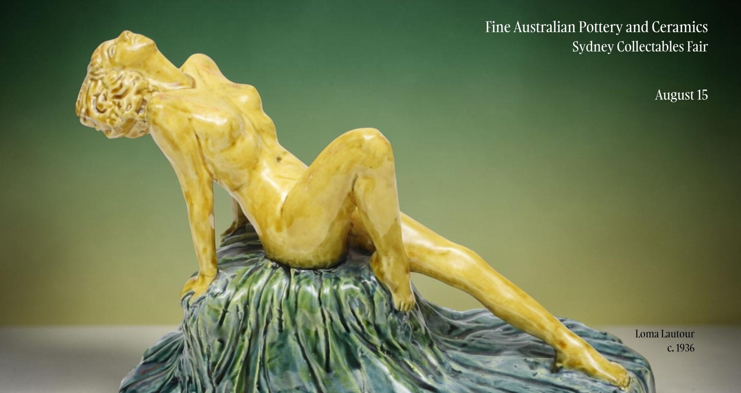 Loma Lautour c.1936 art pottery ceramic figurine, reclining nude figure in Mashman Sydney yellow ochre glaze on a green glazed rock base.