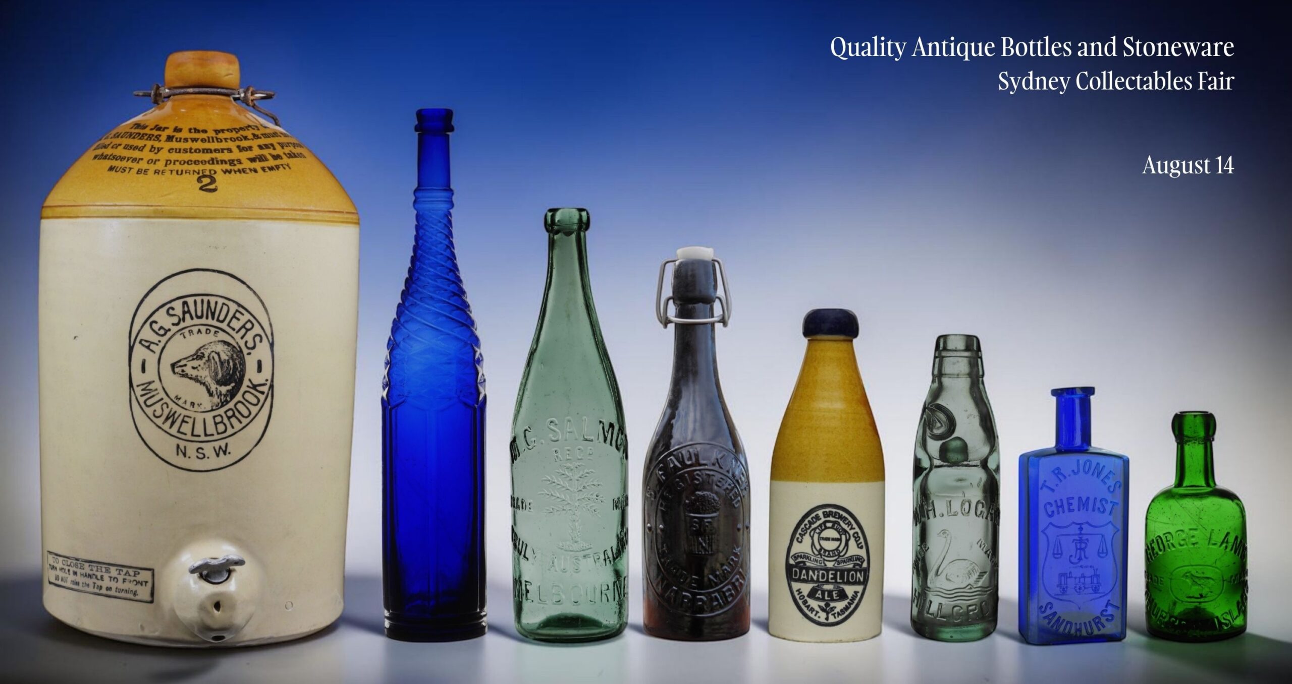 A.G. Saunders Muswellbrook demijohn, 26oz cobalt blue whirly salad oil bottle, 26oz M.C. Salmon Melbourne blob top soda bottle, 13oz S. Faulkner Narribri lightning stopper bottle, tri-colour Cascade Brewery Hobart Tasmania ginger beer bottle, 6oz H.W. Logan Hillgrove codd marble bottle, cobalt blue T.R. Jones Sandhurst chemist bottle, George Lamb Thursday Island green blob top soda bottle.