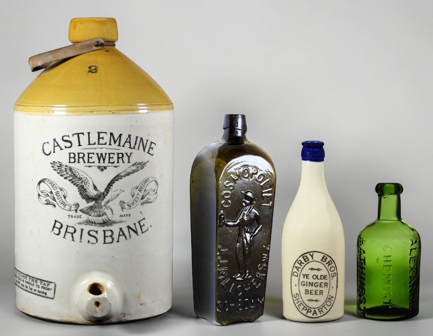 Castlemaine Brewery 2 Gallon Demijohn, J.J.W. Melcher Man Gin, Darby Bros Shepparton Blue Lip Crown Seal Ginger Beer, Alexendar Chemist Bathurst Dump Blob Top Soda
